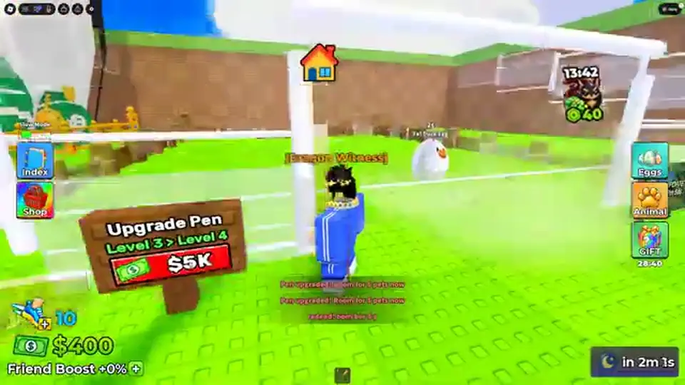 Steal Animal Egg hatch area with Upgrade Pen sign and a white egg on the field
