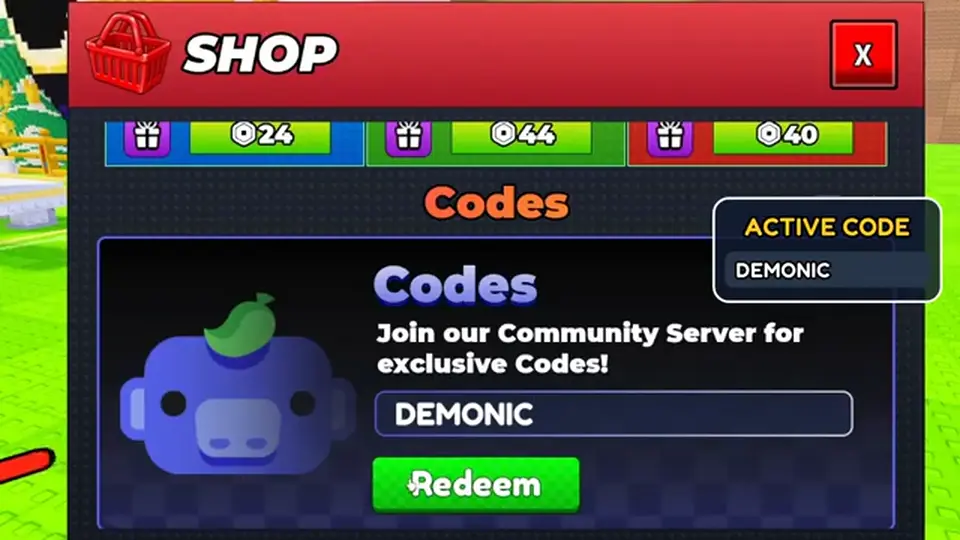 Steal Animal Egg Shop Codes row with Redeem and DEMONIC pasted