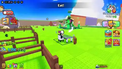 Steal Animal Egg player sitting at the eat table with Eat prompt on the HUD