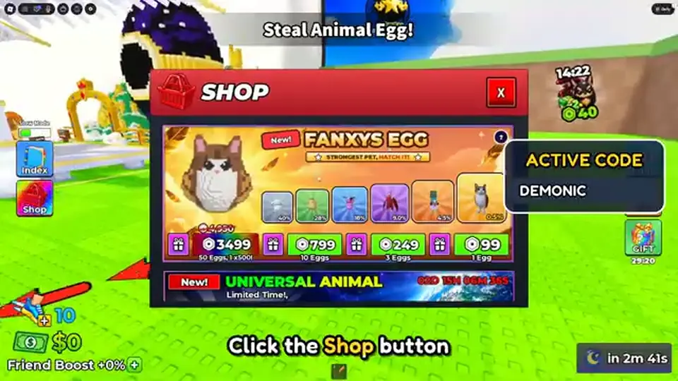 Steal Animal Egg Shop panel with Fanxys Egg packs and left-side Shop icon